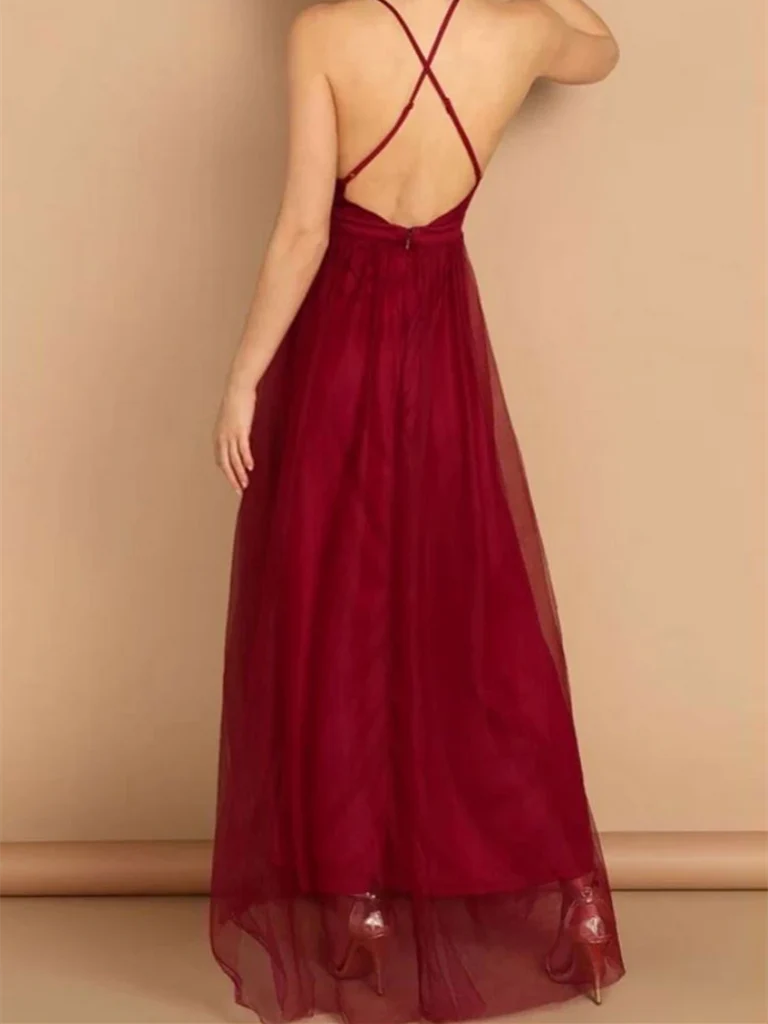 Simple V Neck Backless Tulle Long Prom Dresses Long Formal Evening Dresses